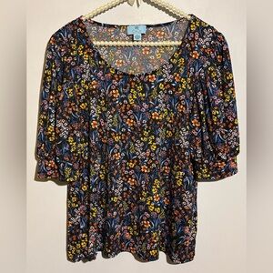CeCe Multicolor Floral Blouse with Puff Sleeves Size L
